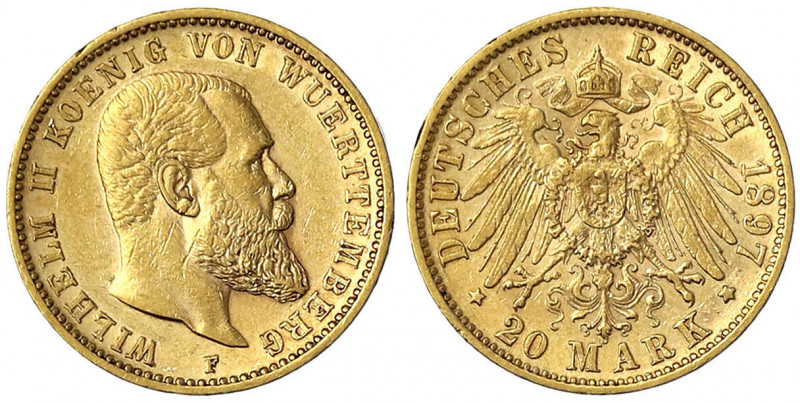 Württemberg
Wilhelm II., 1891-1918
20 Mark 1897 F. vorzüglich, kl. Randfehler....