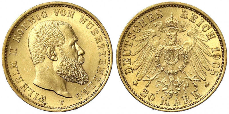 Württemberg
Wilhelm II., 1891-1918
20 Mark 1905 F. vorzüglich/Stempelglanz. Ja...