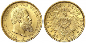 Württemberg
Wilhelm II., 1891-1918
20 Mark 1905 F. vorzüglich/Stempelglanz. Jaeger 296.