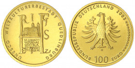 Euro, ab 2002
100 Euro 2003 G, Quedlinburg. 1/2 Unze Feingold. In Originalschatulle mit Zertifikat.
Stempelglanz. Jaeger 502.