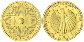 Euro, ab 2002
100 Euro 2005 J, zur Fussball-WM 2006. 1/2 Unze Feingold. In Originalschatulle mit Zertifikat.
Stempelglanz. Jaeger 516.