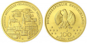 Euro, ab 2002
100 Euro 2006 J, Weimar. 1/2 Unze Feingold. In Originalschatulle mit Zertifikat.
Stempelglanz. Jaeger 524.