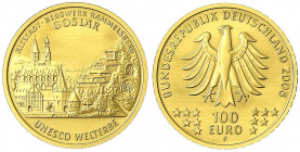 Euro, ab 2002
100 Euro 2008 F, Goslar. 1/2 Unze Feingold. In Originalschatulle mit Zertifikat.
Stempelglanz. Jaeger 538.