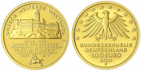 Euro, ab 2002
100 Euro 2011 F, Wartburg. 1/2 Unze Feingold. In Originalschatulle mit Zertifikat.
Stempelglanz. Jaeger 566.