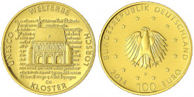 Euro, ab 2002
100 Euro 2014 D, Kloster Lorsch. 1/2 Unze Feingold. In Originalschatulle mit Zertifikat.
Stempelglanz. Jaeger 591.