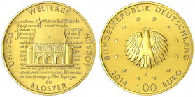 Euro, ab 2002
100 Euro 2014 G, Kloster Lorsch. 1/2 Unze Feingold. In Originalschatulle mit Zertifikat.
Stempelglanz. Jaeger 591.