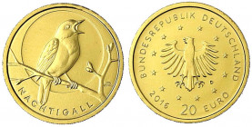 Euro, ab 2002
20 Euro 2016 D. Heimische Vögel - Nachtigall. Im Original-Plexiglasblister mit Zertifikat. 1/8 Unze Feingold.
Stempelglanz. Jaeger 608...