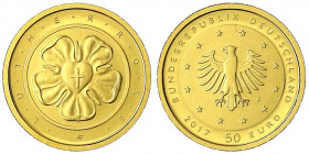 Euro, ab 2002
50 Euro 2017 J, Lutherrose. 1/4 Unze Feingold. In Originalschatulle mit Zertifikat und Umverpackung.
Stempelglanz. Jaeger 618.