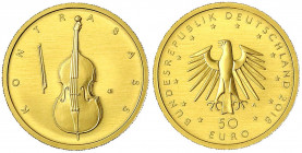 Euro, ab 2002
50 Euro 2018 A, Kontrabass. 1/4 Unze Feingold. In Originalschatulle mit Zertifikat und Umverpackung.
Stempelglanz. Jaeger 630.