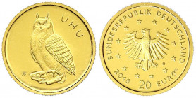 Euro, ab 2002
20 Euro 2018 G. Heimische Vögel - Uhu. In Kapsel, mit Zertifikat. 1/8 Unze Feingold.
Stempelglanz. Jaeger 629.