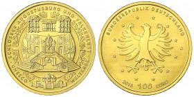 Euro, ab 2002
100 Euro 2018 G, Schlösser Augustusburg und Falkenlust. 1/2 Unze Feingold. In Originalschatulle mit Zertifikat.
Stempelglanz. Jaeger 6...