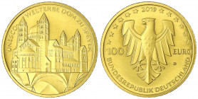 Euro, ab 2002
100 Euro 2019 D, Dom zu Speyer. 1/2 Unze Feingold. In Originalschatulle mit Zertifikat.
Stempelglanz. Jaeger 644.