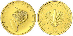 Euro, ab 2002
50 Euro 2020 A, Orchesterhorn. 1/4 Unze Feingold. In Originalschatulle mit Zertifikat und Umverpackung.
Stempelglanz. Jaeger 652.