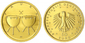 Euro, ab 2002
50 Euro 2021 F, Pauke. 1/4 Unze Feingold. In Originalschatulle mit Zertifikat und Umverpackung.
Stempelglanz