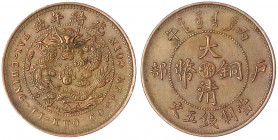 China
Qing-Dynastie. De Zong, 1875-1908
5 Cash 1906. Tai Ching ti Kuo, Provinz Hupeh.
vorzüglich/Stempelglanz. Yeoman 9j.