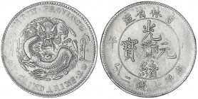 China
Qing-Dynastie. De Zong, 1875-1908
Dollar 1906. Provinz Kirin.
sehr schön, Prägeschwäche, selten. Lin Gwo Ming 562.