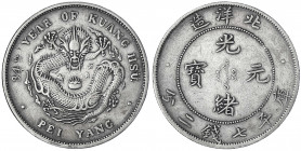 China
Qing-Dynastie. De Zong, 1875-1908
Dollar, Jahr 34 = 1908 Pei Yang (Tientsin in Chihli). Kleine Jahreszahl.
sehr schön, kl. Kratzer. Lin Gwo M...