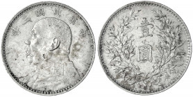 China
Republik, 1912-1949
Dollar (Yuan) Jahr 3 = 1914. Präsident Yuan Shih-kai.
sehr schön, kl. Kratzer. Lin Gwo Ming 63. Yeoman 329.
