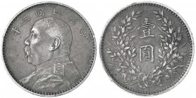 China
Republik, 1912-1949
Dollar (Yuan) Jahr 3 = 1914. Präsident Yuan Shih-kai.
sehr schön, kl. Randfehler. Lin Gwo Ming 63. Yeoman 329.