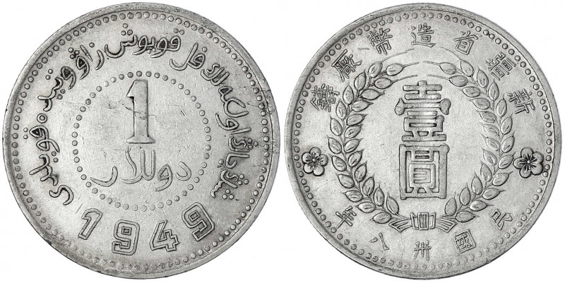 China
Republik, 1912-1949
Dollar (Yuan) 1949 Sinkiang.
sehr schön, kl. Kratze...