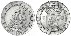Niederländisch-Ostindien
Batavische Republik 1799-1806
Scheepjesgulden 1802. vorzüglich. Scholten 488b. Krause/Mishler 83.