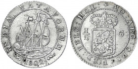 Niederländisch-Ostindien
Batavische Republik 1799-1806
1/2 Scheepjesgulden 1802. vorzüglich, kl. Schrötlingsfehler, berieben. Scholten 490.