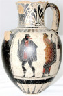 Griechen
Ostgriechische, schwarzfigurige Amphora, um 600 v. Chr., vermutlich Rhodos. Darstellung von 6 Figuren. Höhe 20 cm.
ein Henkel fehlt, Boden ...