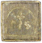 Byzanz
Quadratisches Bronzegewicht zu 130 Scripula. Kreuz unter Bogen zwischen Gamma und S. 40 X 40 X 11 mm. 156,55 g.
sehr schön