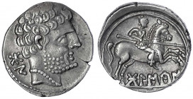 Iberokelten
Bolscan
Denar 1. Jh. v. Chr. Bärtiger Kopf r./Reiter r. 3,82 g.
vorzüglich, kl. Schrötlingsriß am Rand. Burgos 1501.