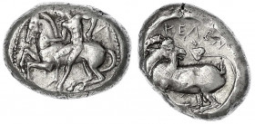 Kilikia
Kelenderis
Satrapie, 450/400 v. Chr
Stater 450/400 v. Chr. Reiter l./Ziegenbock l. 10,73 g.
fast vorzüglich. SNG von Aulock 5625.