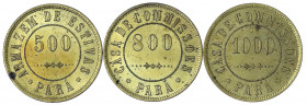 Brasilien
Republik, 1889 bis heute
3 Messingmarken: 500, 800 und 1000 Reis o.J. Ignacio Jose da Silva, Para.
alle prägefrisch