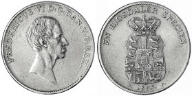 Dänemark
Frederik VI., 1808-1839
Speciesdaler 1839 FF, Kopenhagen. gutes sehr schön, min. berieben und winz. Randfehler. Hede 26 D. Davenport. 73.