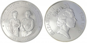 Fidschiinseln
Britisch
50 Dollars Silber (1 Kg. Feinsilber) 1996. Auf den 70. Geburtstag von Queen Elisabeth II. Auflage nur 99 Ex.
Polierte Platte...