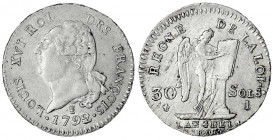 Frankreich
Ludwig XVI., 1774-1793
30 Sols 1792 I, Limoges.
gutes vorzüglich. Gadoury 39.