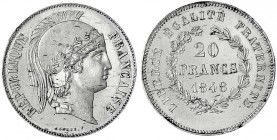 Frankreich
Zweite Republik, 1848-1852
Essai zu 20 Francs in Zinn 1848 von Bouvet. Kopf der Athena r./Wert im Lorbeer/Eichenkranz. 21 mm, 2,72 g.
Er...