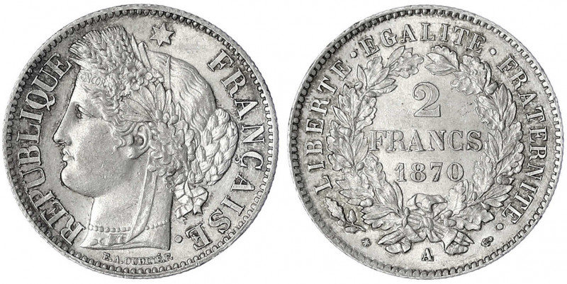 Frankreich
Dritte Republik, 1870-1940
2 Francs 1870 A, Paris. vorzüglich/Stemp...