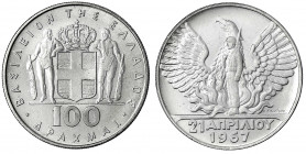 Griechenland
Konstantin II., 1964-1973
100 Drachmai Silber 1967/1970. Revolution.
Stempelglanz, Prachtexemplar. Yeoman 94. Schön 38.