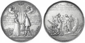 Grossbritannien
William III. und Mary II., 1688-1694
Silbermedaille 1641 von Blum, Bremen. Auf ihre Vermählung. Das Brautpaar reicht sich die Hände ...