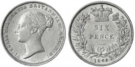 Grossbritannien
Victoria, 1837-1901
Sixpence 1845 (Jahreszahl im Stempel doppelt gepunzt). gutes vorzüglich, selten. Seaby 3908.