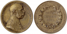 Haus Habsburg
Franz Joseph I., 1848-1916
Bronzemedaille 1914 von Mayer & Wilhelm. "Weltkrieg 1914". 54 mm.
vorzüglich. Hauser 1355.