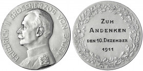 Baden-Durlach
Friedrich II., 1907-1918
Silbermedaille, graviert 1911 von R. Mayer. Zum Andenken den 10. Dezember 1911. 38 mm; 28,98 g.
vorzüglich. ...
