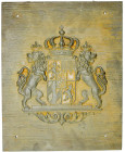 Bayern
Medaillen
Große rechteckige Eisengussplakette, vermutlich Hausplakette einer königl. bayerischen Behörde. Von zwei Löwen gehaltener, gekrönte...