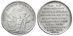 Brandenburg-Ansbach
Alexander, 1757-1791
Silberabschlag von den Stempeln des Dukaten 1769, Saalfeld. Auf die Huldi­gung der Vogtländischen Rittersch...