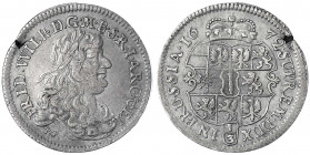 Brandenburg-Preußen
Friedrich Wilhelm, 1640-1688
1/3 Taler 1672 TT, Königsberg.
sehr schön, Schrötlingsriß am Rand. v. Schrötter 672.