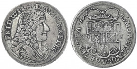 Brandenburg-Preußen
Friedrich Wilhelm, 1640-1688
2/3 Taler 1675 GDZ, Minden. sehr schön. v. Schrötter 379.