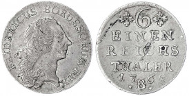 Brandenburg-Preußen
Friedrich II., 1740-1786
1/6 Taler 1765 B, Breslau. sehr schön, Schrötlingsfehler. Olding 93. v. Schrötter 602.