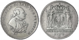 Brandenburg-Preußen
Friedrich Wilhelm II., 1786-1797
2/3 Taler 1792 S, Schwabach, für Ansbach-Bayreuth.
sehr schön. Jaeger 208 a. Olding 36.