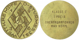 Drittes Reich
Messing-Rundplakette 1936. SA-Wettkämpfe D-Sturmes 3SI. Klasse C, 1. Preis Obertruppführer Max Köppl. 69 mm.
vorzüglich