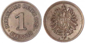 1 Pfennig kleiner Adler, Kupfer 1873-1889
1873 A. sehr schön/vorzüglich. Jaeger 1.