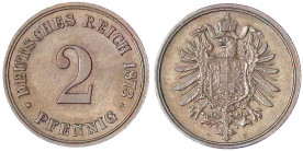 2 Pfennig kleiner Adler, Kupfer 1873-1877
1873 B. vorzüglich/Stempelglanz, schöne Kupfertönung. Jaeger 2.